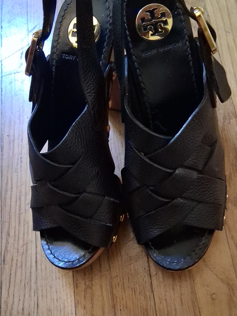 SOLD.  Tory Burch Black Leather Woven Slingback Heels with Gold Logo